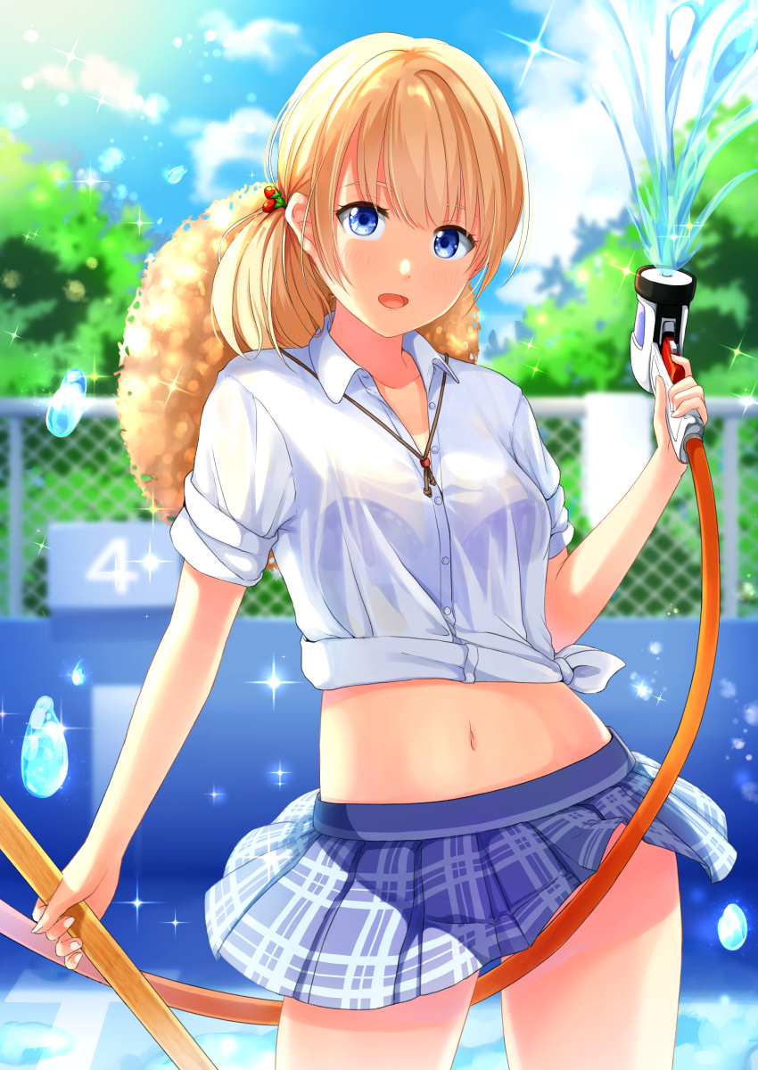 1girl :d absurdres bangs black_bra blonde_hair blue_skirt blue_sky blush bra brown_headwear chain-link_fence collared_shirt commentary_request contrapposto cowboy_shot day dress_shirt fence food_themed_hair_ornament hair_ornament hat hat_around_neck highres holding_hose hose looking_at_viewer medium_hair miniskirt open_mouth original outdoors plaid plaid_skirt pleated_skirt ponytail pool school_uniform see-through shirt short_sleeves skirt sky smile solo sparkle splashing straw_hat strawberry_hair_ornament tied_shirt tree tsunamayo_(flying_cat) underwear water white_shirt