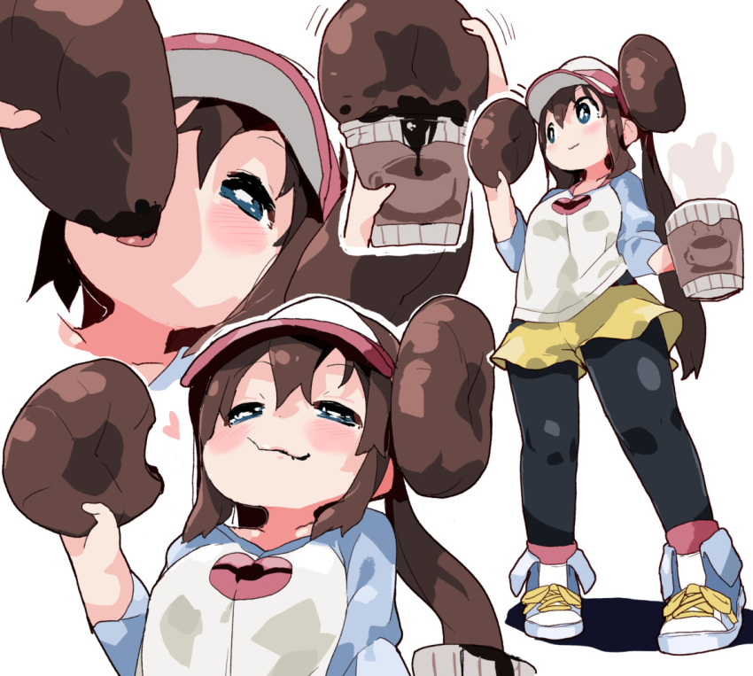 1girl :3 black_legwear blue_eyes blush brown_hair coffee double_bun eating heart legwear_under_shorts long_hair mei_(pokemon) mossgreen multiple_views pantyhose pokemon pokemon_(game) pokemon_bw2 raglan_sleeves shirt shoes short_shorts shorts sneakers standing torogao twintails very_long_hair visor_cap yellow_shorts