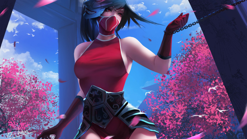 1girl absurdres akali bird black_hair blue_sky breasts chain clouds d-han face_mask gloves highres league_of_legends leotard mask mask_on_head medium_breasts petals red_eyes red_gloves signature sky solo tree upper_body