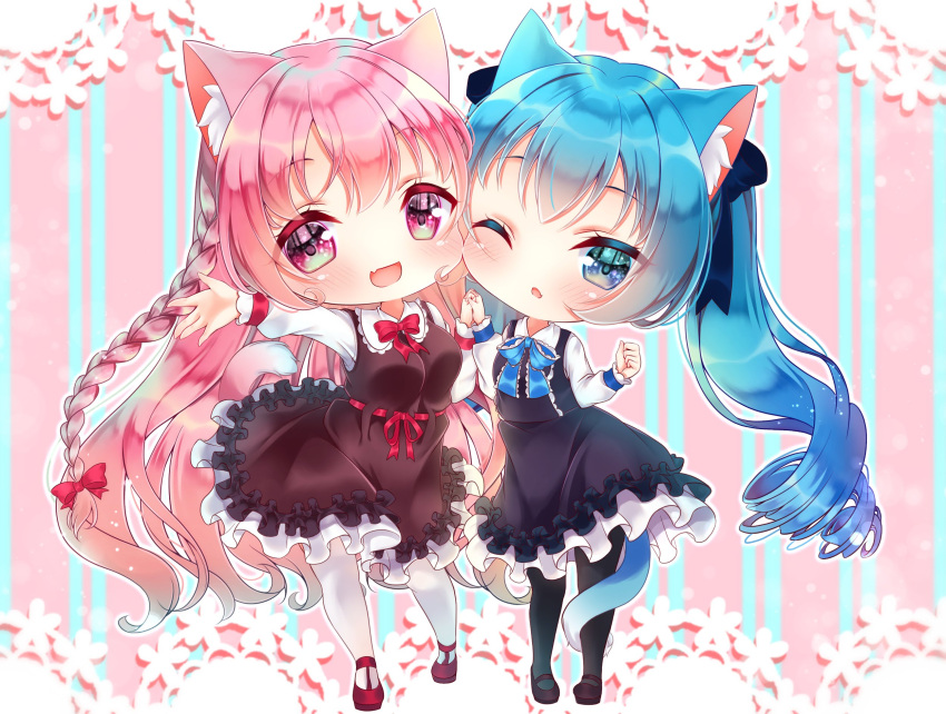 2girls :d animal_ear_fluff animal_ears bangs black_dress black_footwear black_legwear blue_bow blue_eyes blue_hair blurry blurry_background blush bow braid breasts brown_dress cat_ears cat_girl cat_tail chibi collared_dress commentary_request depth_of_field dress eyebrows_visible_through_hair hair_between_eyes hair_bow highres long_hair long_sleeves medium_breasts mirai_(happy-floral) multiple_girls one_eye_closed open_mouth original outstretched_arm pantyhose parted_lips pink_hair red_bow red_footwear shirt shoes side_braid sleeveless sleeveless_dress smile striped striped_background tail twintails vertical-striped_background vertical_stripes very_long_hair violet_eyes white_legwear white_shirt