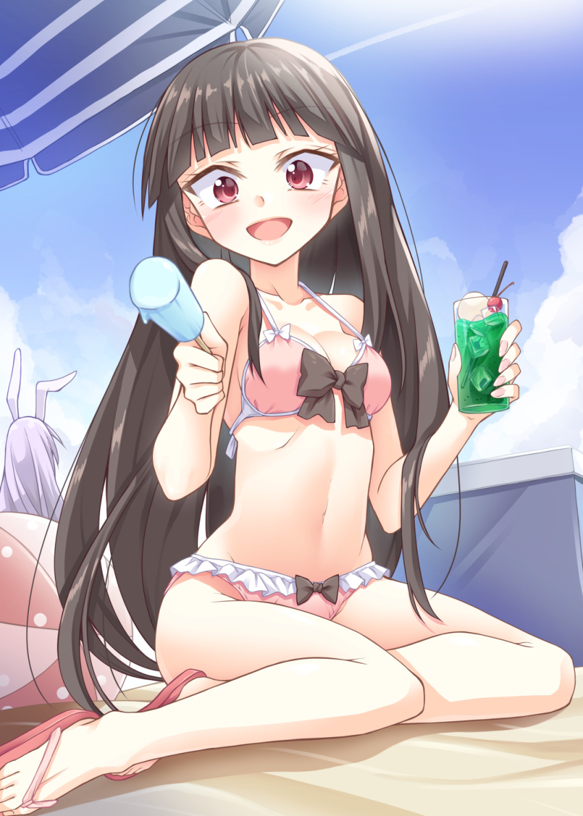 2girls :d animal_ears ball bangs beach_umbrella beachball bikini black_bow black_hair blue_sky blunt_bangs blush bow breasts cherry clouds collarbone commentary_request cooler cup day drinking_glass eyebrows_visible_through_hair food frills from_behind fruit groin hands_up highres holding holding_cup holding_food houraisan_kaguya ice ice_cube ina_(inadahime) long_hair looking_at_viewer medium_breasts multiple_girls nail_polish navel open_mouth outdoors partial_commentary pink_bikini pink_footwear pink_nails popsicle purple_hair rabbit_ears red_eyes reisen_udongein_inaba sandals shadow sitting sky smile stomach swimsuit thighs touhou umbrella very_long_hair white_bow yokozuwari