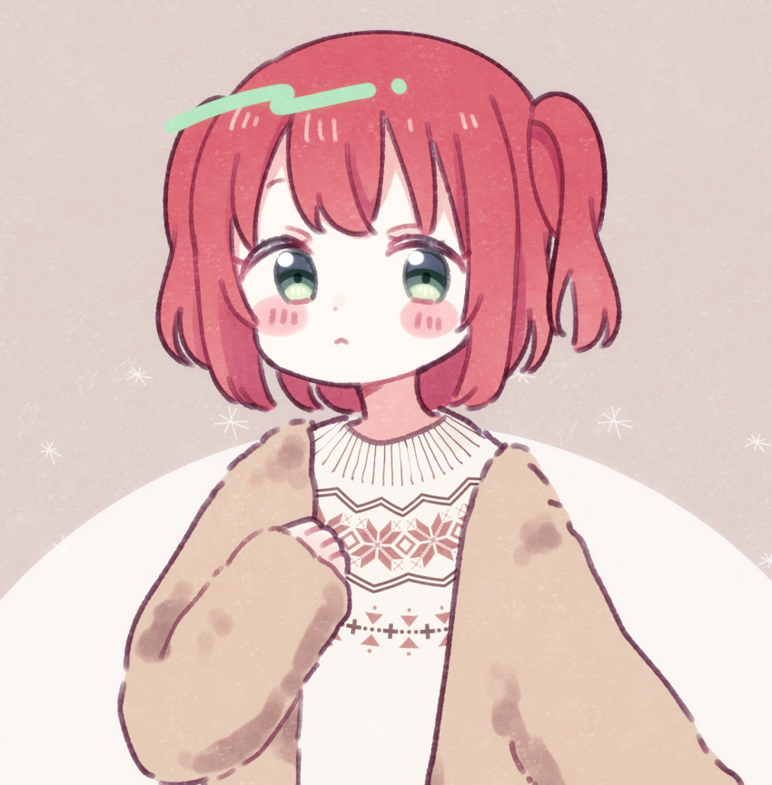1girl aqua_eyes bangs blush blush_stickers brown_background brown_coat coat commentary_request hand_on_own_chest highres kurosawa_ruby light_frown long_sleeves love_live! love_live!_sunshine!! redhead short_hair solo sweater two_side_up upper_body white_sweater winter_clothes yashino_84