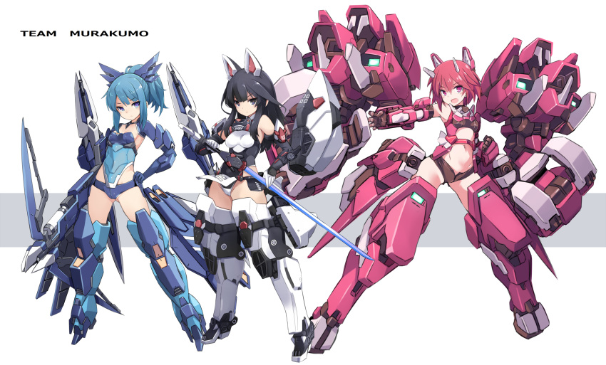 3girls agatsuma_kaede alice_gear_aegis bangs bare_shoulders black_eyes black_hair black_leotard blue_eyes blue_gloves blue_hair blue_leotard breasts brown_shorts character_request commentary_request elbow_gloves eyebrows_visible_through_hair gloves grey_background groin hair_between_eyes hand_on_hip headgear highres holding holding_sword holding_weapon karukan_(monjya) leotard long_hair mecha_musume multiple_girls navel ponytail redhead short_shorts shorts sidelocks small_breasts sword takanashi_rei two-tone_background violet_eyes weapon white_background white_gloves