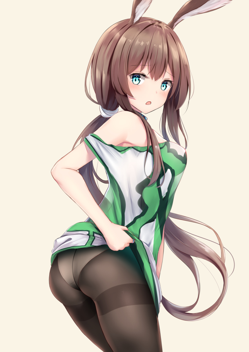 1girl :o amiya_(arknights) animal_ears arknights ass bare_shoulders blue_eyes breasts brown_background brown_hair brown_legwear choker commentary_request cowboy_shot filings_(ailuo_c) fine_fabric_emphasis highres long_hair looking_at_viewer looking_to_the_side low_ponytail medium_breasts off_shoulder panties pantyhose parted_lips rabbit_ears simple_background solo thighband_pantyhose thighs underwear very_long_hair white_panties
