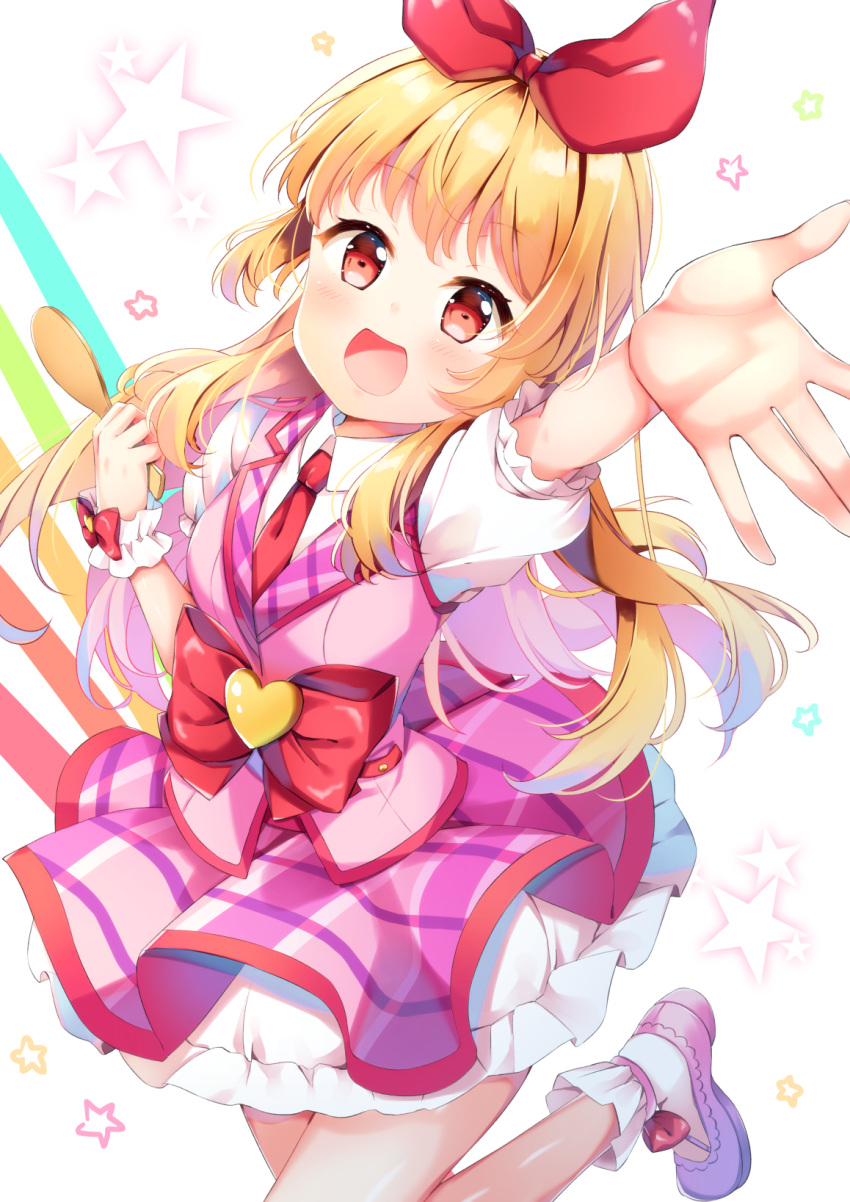 1girl :d aikatsu! aikatsu!_(series) arm_up bangs blonde_hair blush bow collared_shirt commentary_request eyebrows_visible_through_hair hair_ribbon heart highres holding hoshimiya_ichigo long_hair necktie open_mouth outstretched_arm pink_vest pleated_skirt puffy_short_sleeves puffy_sleeves purple_footwear purple_skirt red_bow red_eyes red_neckwear red_ribbon ribbon shirt shoes short_sleeves single_wrist_cuff skirt smile socks solo standing standing_on_one_leg star torokeru_none very_long_hair vest white_legwear white_shirt wrist_cuffs