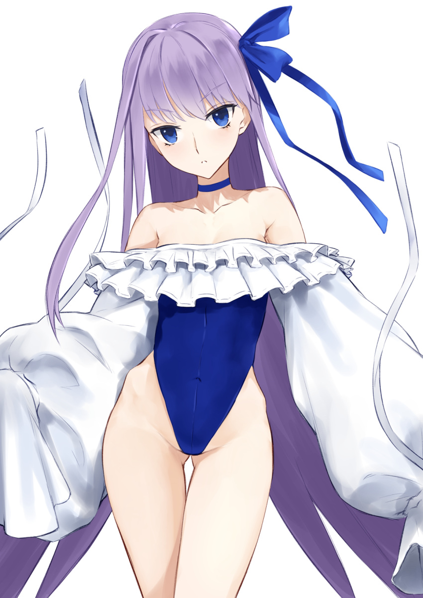 1girl ass_visible_through_thighs bangs blue_bow blue_choker blue_eyes blue_swimsuit bow choker closed_mouth collarbone commentary_request covered_navel eyebrows_visible_through_hair fate/grand_order fate_(series) groin hair_bow head_tilt highleg highleg_swimsuit highres jilu long_hair long_sleeves looking_at_viewer meltryllis meltryllis_(swimsuit_lancer)_(fate) puffy_long_sleeves puffy_sleeves purple_hair simple_background sleeves_past_fingers sleeves_past_wrists solo strapless strapless_swimsuit swimsuit thigh_gap v-shaped_eyebrows very_long_hair white_background