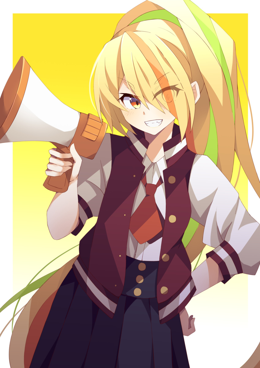 absurdres blonde_hair eyebrows_visible_through_hair eyes_visible_through_hair green_hair hair_over_one_eye hand_on_hip highres jacket letterman_jacket long_hair long_skirt megaphone multicolored_hair necktie nikaidou_saki orange_hair rizalx sharp_teeth skirt smile streaked_hair teeth yellow_eyes zombie_land_saga