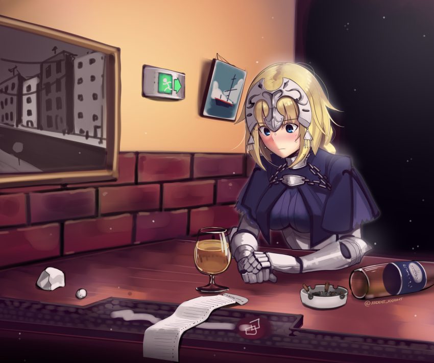 1girl absurdres arm_support armpits ashtray blue_eyes blush boa_(brianoa) bottle braid breasts cape chain cup drinking_glass exit_sign fate/apocrypha fate/grand_order fate_(series) hair_between_eyes headpiece highres jeanne_d'arc_(fate) jeanne_d'arc_(fate)_(all) large_breasts long_hair solo sweat twitter_username wine_bottle wine_glass