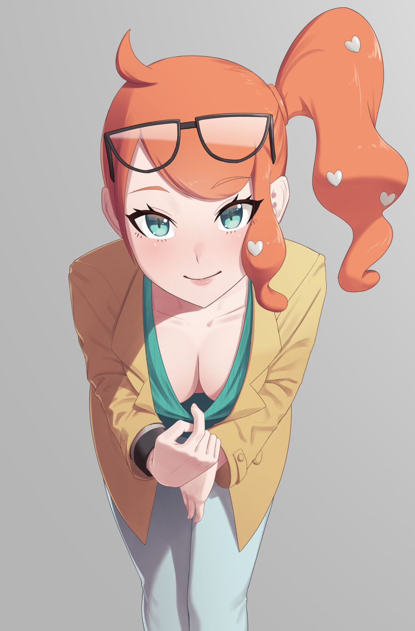 1girl absurdres aqua_eyes breasts cleavage_reach coat commentary_request downblouse eyewear_on_head grey_background hair_ornament heart heart_hair_ornament highres leaning_forward long_hair looking_at_viewer orange_hair pokemon pokemon_(game) pokemon_swsh putchers side_ponytail simple_background smile solo sonia_(pokemon) sunglasses trench_coat