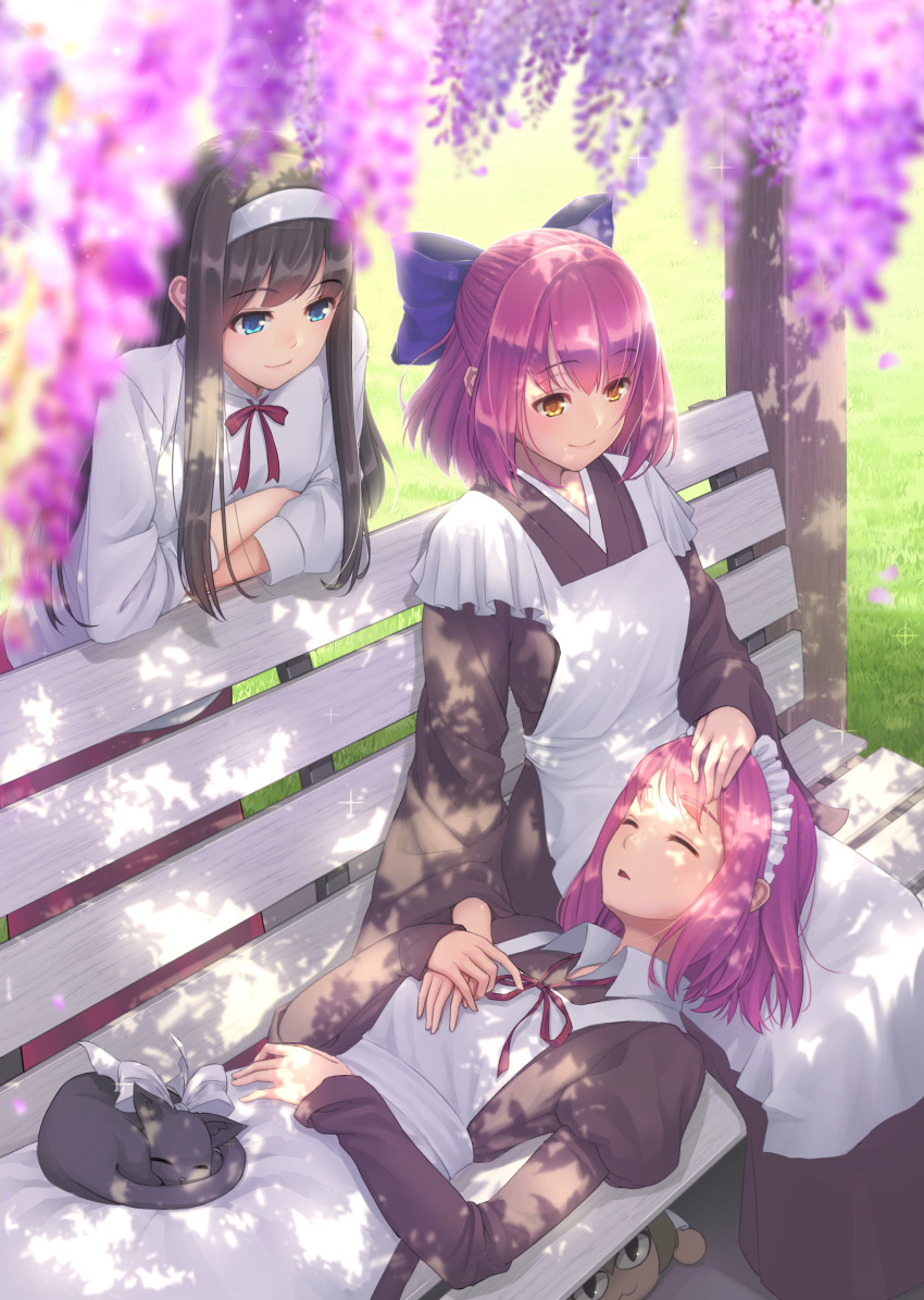 4girls :3 absurdres apron bangs bench black_cat black_hair blue_eyes blurry bow cat chibi chibi_inset closed_eyes dappled_sunlight day depth_of_field dress elbow_rest eyebrows_visible_through_hair flower frilled_apron frills grass hair_bow hairband hand_on_another's_head highres hisui holding_hands japanese_clothes juliet_sleeves kimono kohaku lap_pillow long_hair long_sleeves lying maid maid_apron maid_headdress multiple_girls neck_ribbon nekoarc nyan_c on_back orange_eyes outdoors parted_lips petals puffy_sleeves purple_hair ribbon siblings sidelocks sisters sitting sleeping smile sparkle sunlight tohno_akiha tsukihime wa_maid when_you_see_it wide_sleeves