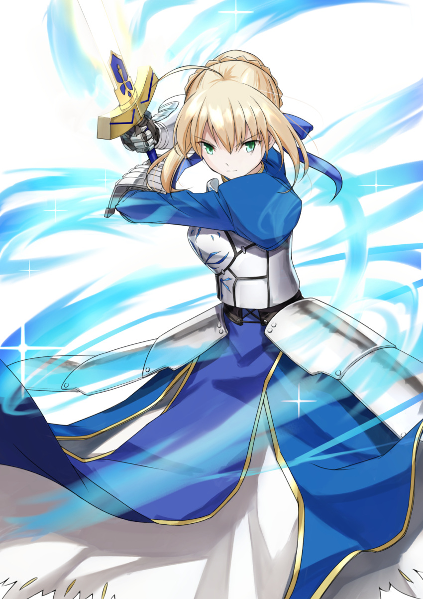 1girl a-senmei ahoge armor armored_dress artoria_pendragon_(all) blonde_hair braid breastplate breasts commentary_request dress energy energy_sword excalibur eyebrows_visible_through_hair fate/stay_night fate_(series) gauntlets green_eyes hair_ribbon highres long_hair looking_at_viewer medium_breasts puffy_sleeves ribbon saber short_hair solo sword v-shaped_eyebrows weapon