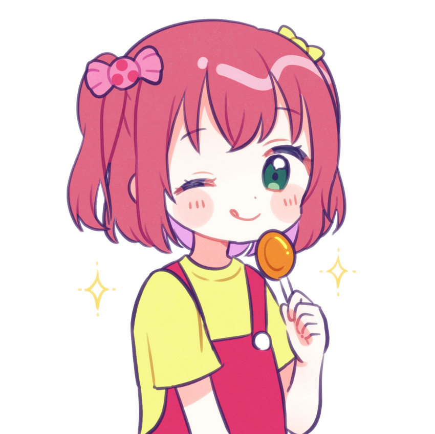 1girl :q ;q bangs blush_stickers candy candy_hair_ornament flat_color food food_themed_hair_ornament hair_ornament highres holding_lollipop kurosawa_ruby lollipop looking_at_viewer love_live! love_live!_sunshine!! one_eye_closed overalls red_overalls shirt short_hair short_sleeves simple_background smile solo sparkle tongue tongue_out two_side_up white_background yashino_84 yellow_shirt