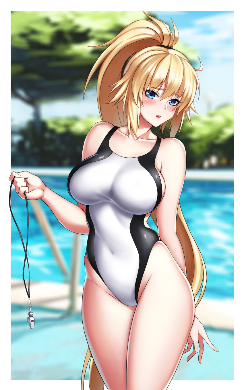 1girl absurdres bangs blue_eyes blurry blurry_background blush breasts collarbone competition_swimsuit covered_navel cowboy_shot day eyebrows_visible_through_hair fate/grand_order fate_(series) high_ponytail highres jeanne_d'arc_(fate)_(all) jeanne_d'arc_(swimsuit_archer) large_breasts long_hair looking_at_viewer one-piece_swimsuit open_mouth outdoors ponytail pool skindentation solo swimsuit very_long_hair whistle white_swimsuit xiao_gen