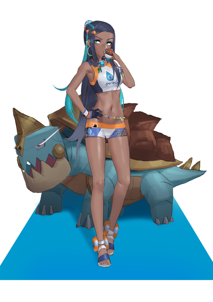 1girl absurdres aqua_eyes belly_chain dark_skin drednaw earrings eun_bari eyeliner eyeshadow full_body gloves gym_leader hand_on_hip highres holding holding_poke_ball hoop_earrings jewelry long_hair makeup multicolored_hair navel necklace poke_ball pokemon pokemon_(game) pokemon_swsh rurina_(pokemon) sandals single_glove sportswear standing swimsuit tankini two-tone_hair wristband