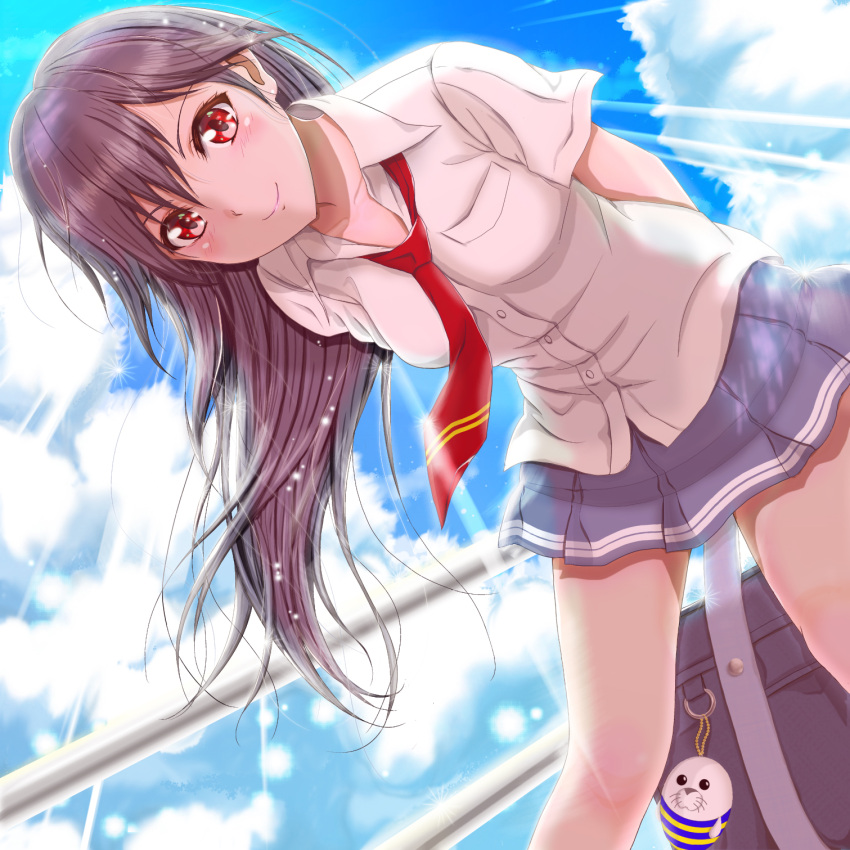1girl arms_behind_back bag_charm blue_skirt blue_sky blush brown_hair charm_(object) clouds day from_below h.i.t_(59-18-45) highres leaning_forward long_hair necktie original pleated_skirt red_eyes red_neckwear school_uniform shirt skirt sky smile sunlight uniform white_shirt