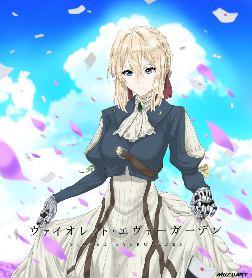 1girl absurdres artist_name blonde_hair blue_eyes blue_sky braid brooch character_name clouds copyright_name cravat curtsey envelope french_braid hair_between_eyes hair_ribbon highres jewelry juliet_sleeves long_sleeves mechanical_hands muzuart petals puffy_sleeves red_ribbon ribbon short_hair skirt sky solo violet_evergarden violet_evergarden_(character) wax_seal