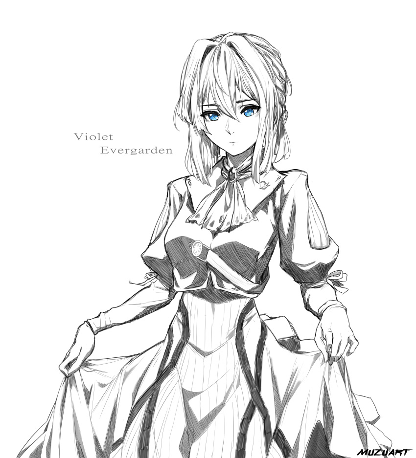 1girl absurdres artist_name braid brooch character_name copyright_name cravat curtsey envelope french_braid gloves graphite_(medium) hair_between_eyes hair_ribbon highres jewelry juliet_sleeves long_sleeves muzuart petals puffy_sleeves ribbon short_hair sketch skirt solo spot_color traditional_media violet_evergarden violet_evergarden_(character) white_background