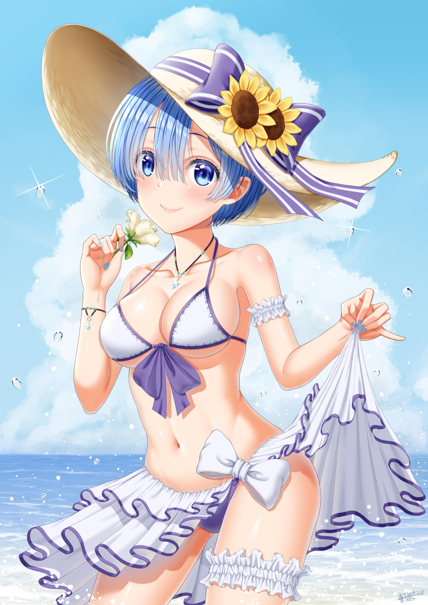1girl 647531835 absurdres bare_shoulders bikini bikini_skirt blue_bow blue_eyes blue_hair blue_nails bow bracelet breasts collarbone commentary_request dated eyebrows_visible_through_hair flower hair_between_eyes hat highres holding holding_flower jewelry large_breasts looking_at_viewer navel necklace ocean re:zero_kara_hajimeru_isekai_seikatsu rem_(re:zero) short_hair skirt skirt_lift smile solo sun_hat sunflower swimsuit thigh_strap water white_bikini white_bow