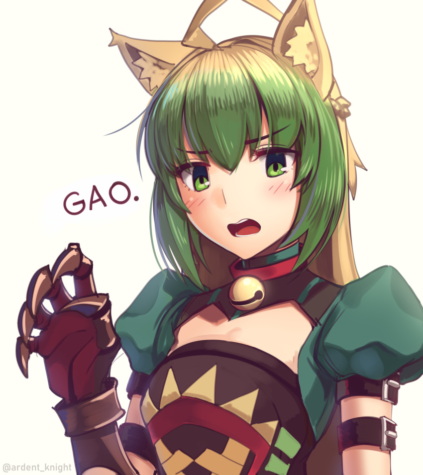 1girl ahoge animal_ear_fluff animal_ears atalanta_(fate) blonde_hair blush boa_(brianoa) cat_ears fate/grand_order fate_(series) gao green_eyes green_hair hair_between_eyes highres long_hair multicolored_hair neck_bell open_mouth solo tongue upper_body