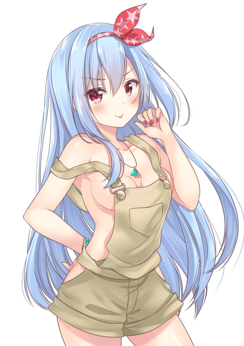 1girl absurdres aoba_project aoba_rena bare_arms bare_shoulders blue_hair blush bracelet breasts closed_mouth collarbone cowboy_shot hairband hand_on_hip hand_up highres jewelry long_hair looking_at_viewer medium_breasts nail_polish naked_overalls necklace overall_shorts overalls red_eyes red_nails sakura_moyon sidelocks smile solo standing star star_print tongue tongue_out transparent_background v-shaped_eyebrows very_long_hair