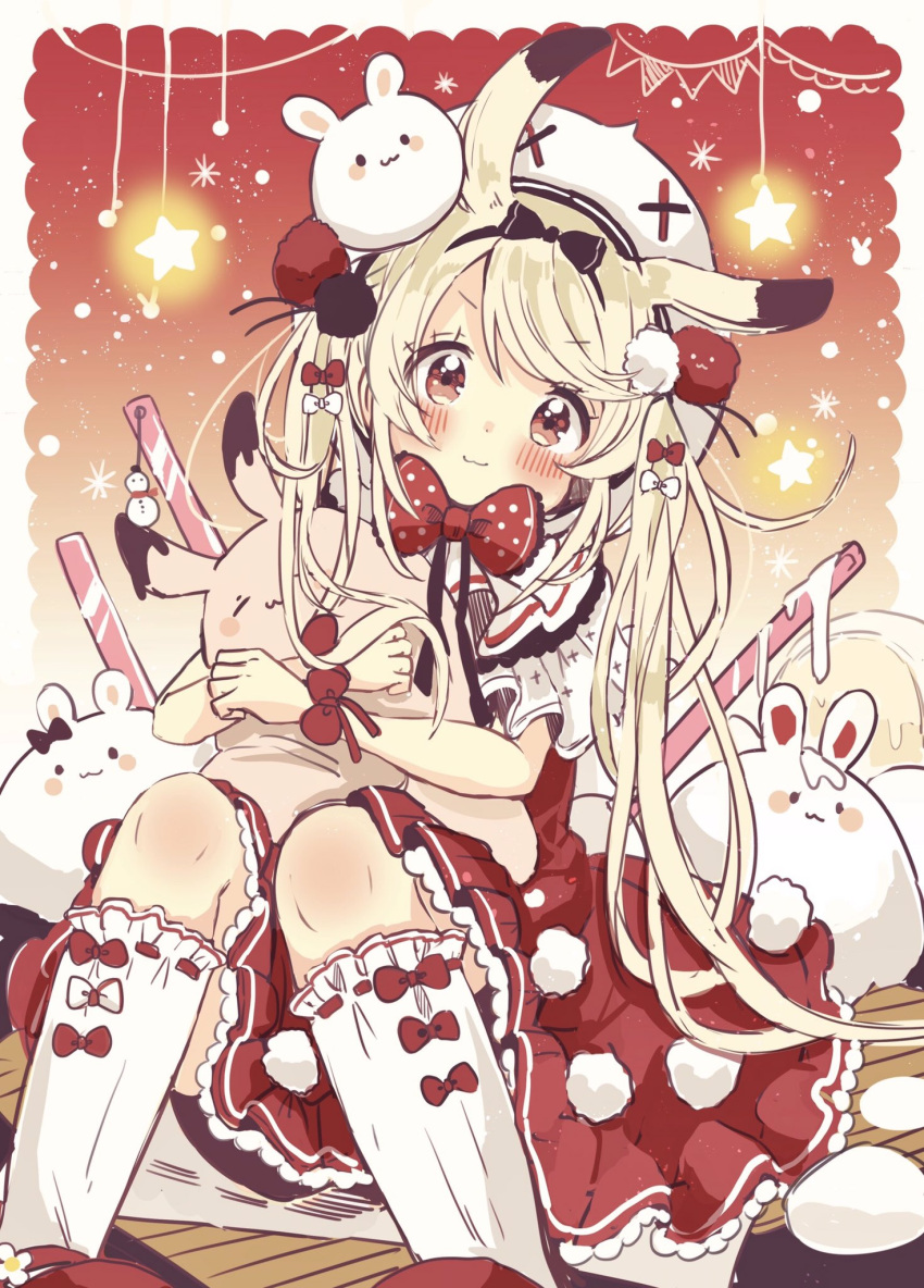 1girl animal animal_ears black_bow blush bow capelet closed_mouth commentary_request dress food hair_bow hair_ornament hat highres ice_cream kneehighs knees_together_feet_apart knees_up light_brown_hair long_hair object_hug original pennant rabbit rabbit_ears red_bow red_dress red_footwear sakura_oriko shoes sitting smile solo star string_of_flags stuffed_animal stuffed_bunny stuffed_toy very_long_hair white_bow white_capelet white_headwear white_legwear wrist_bow