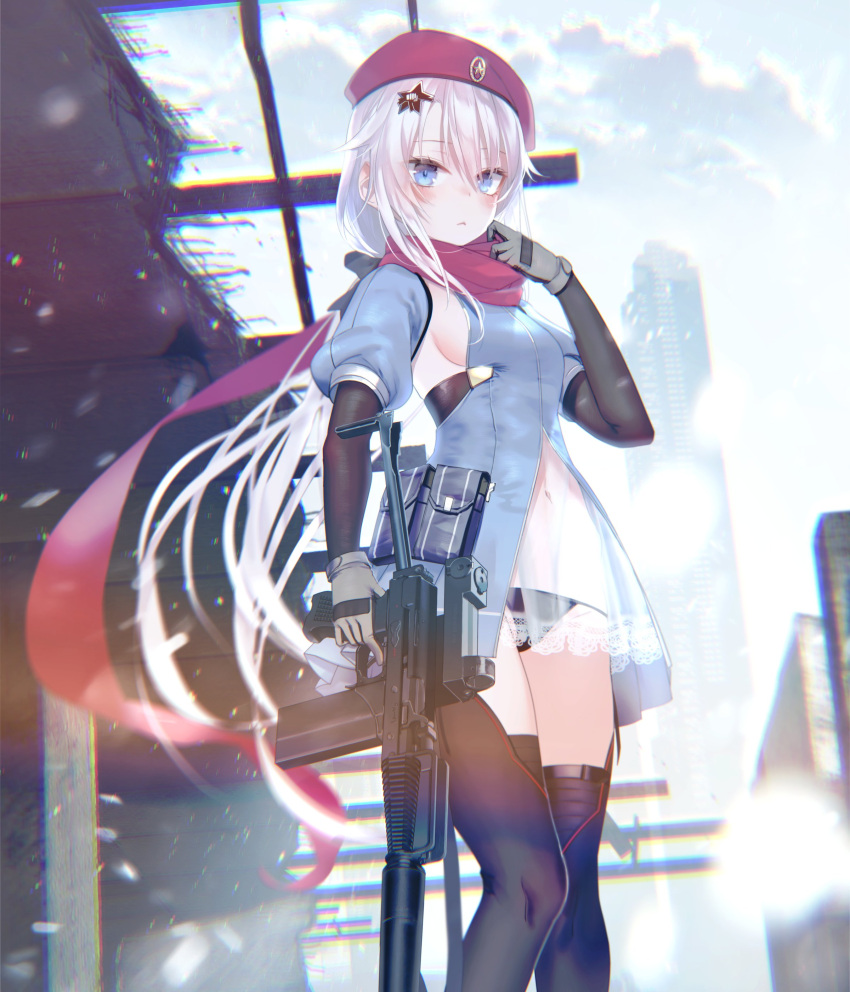 1girl 9a-91 9a-91_(girls_frontline) absurdres assault_rifle bangs beret black_panties blue_dress blue_eyes blue_sky blush breasts cityscape clouds day dress eyebrows_visible_through_hair floating_hair girls_frontline gloves gun hair_between_eyes hair_ornament hat highres holding holding_gun holding_weapon long_hair looking_at_viewer low_twintails medium_breasts navel outdoors panties pottsness red_scarf rifle scarf see-through silver_hair sky snow solo star star_hair_ornament thigh-highs twintails underwear very_long_hair weapon wind