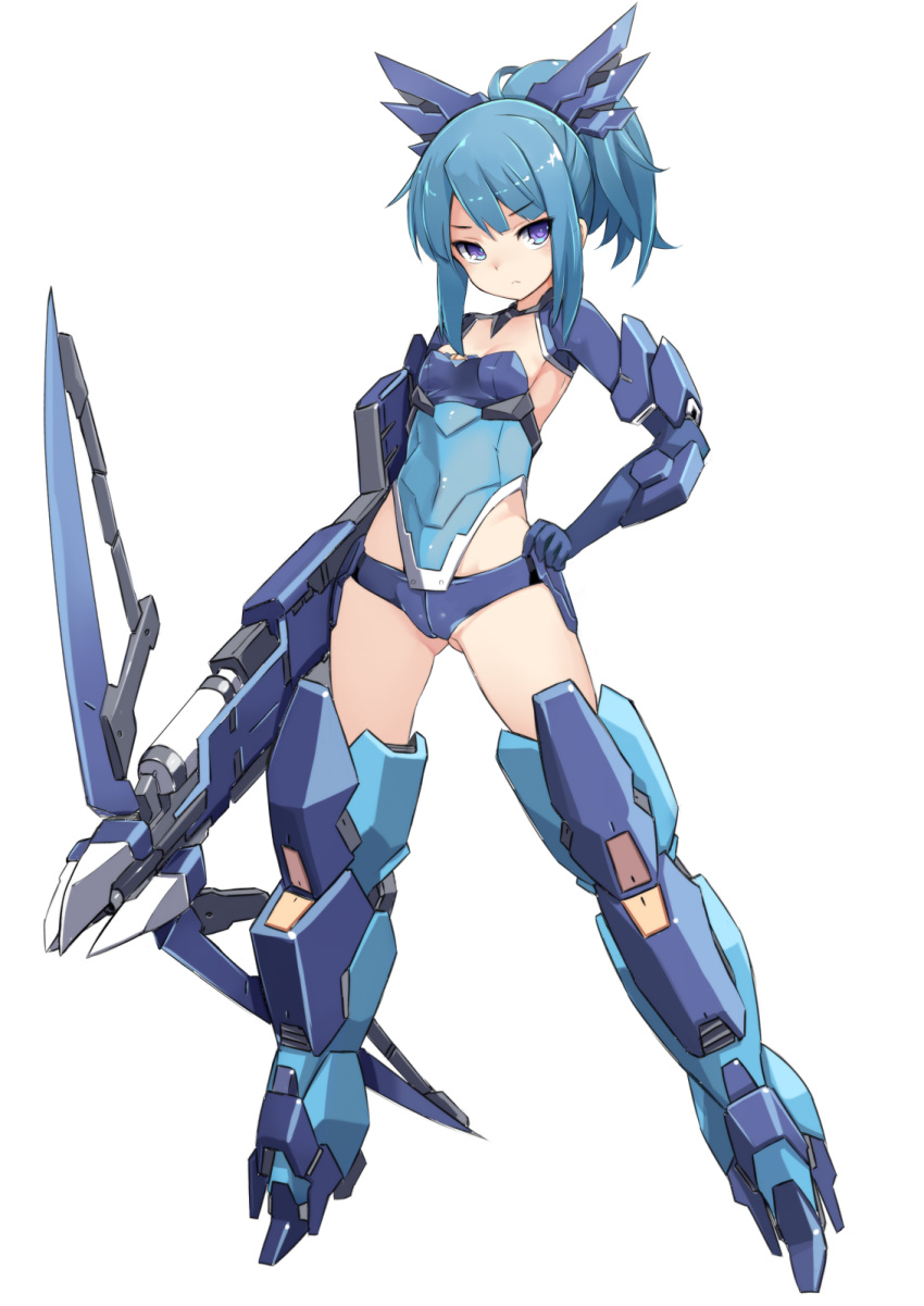 1girl alice_gear_aegis bangs blue_gloves blue_hair blue_leotard blush breasts closed_mouth copyright_name elbow_gloves eyebrows_visible_through_hair full_body gloves hand_on_hip headgear highres karukan_(monjya) leotard long_hair looking_at_viewer mecha_musume ponytail sidelocks simple_background small_breasts solo strapless strapless_leotard takanashi_rei violet_eyes white_background