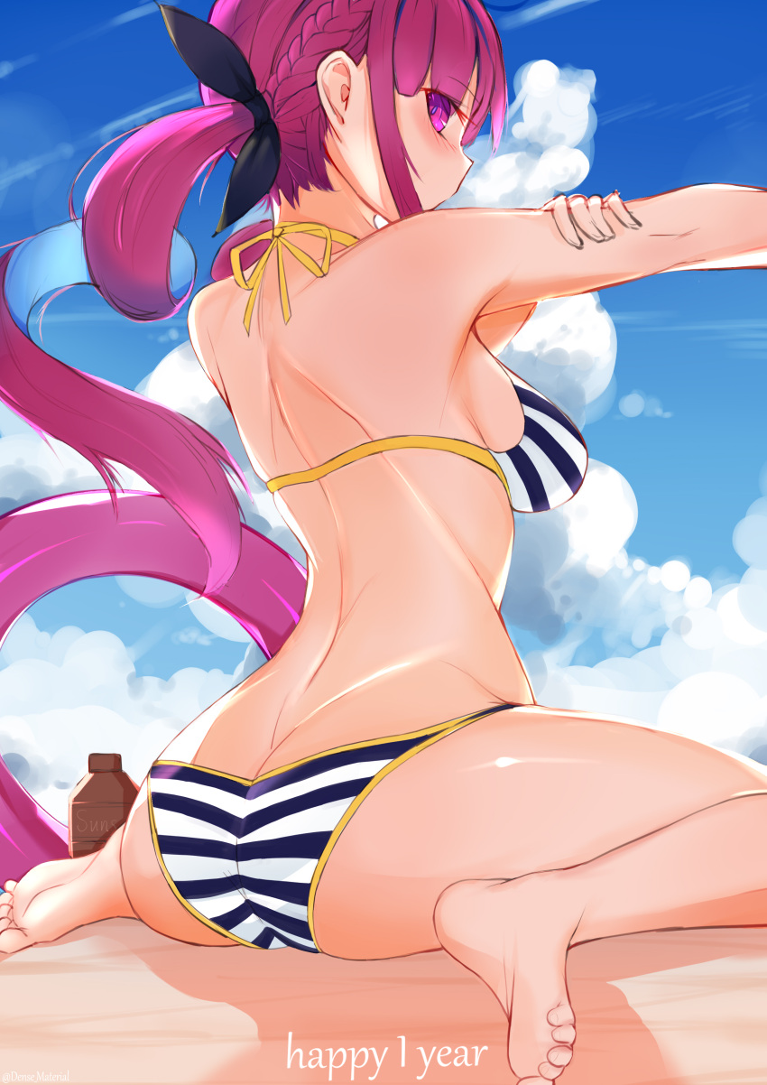 1girl absurdres armpits ass bangs bare_arms bare_shoulders barefoot beach bikini black_ribbon blue_hair blue_sky blush braid breasts butt_crack choumi_wuti_(xueye_fanmang_zhong) clouds cloudy_sky commentary day eyebrows_visible_through_hair fingernails hair_ribbon halter_top halterneck highres hololive innertube large_breasts long_hair looking_at_viewer looking_back minato_aqua multicolored_hair outdoors purple_hair ribbon sand sidelocks sky soles solo striped striped_bikini swimsuit twintails two-tone_hair very_long_hair violet_eyes virtual_youtuber