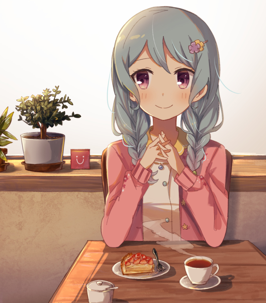 1girl alternate_hairstyle bang_dream! bangs blue_hair blush bonachiyama braid cup elbows_on_table flower food fork hair_flower hair_ornament hands_together highres interlocked_fingers long_hair long_sleeves matsubara_kanon pink_cardigan plant plate potted_plant pov_across_table saucer shirt sideways_glance sitting smile smiley_face solo strawberry_shortcake sugar_bowl table teacup twin_braids violet_eyes white_shirt