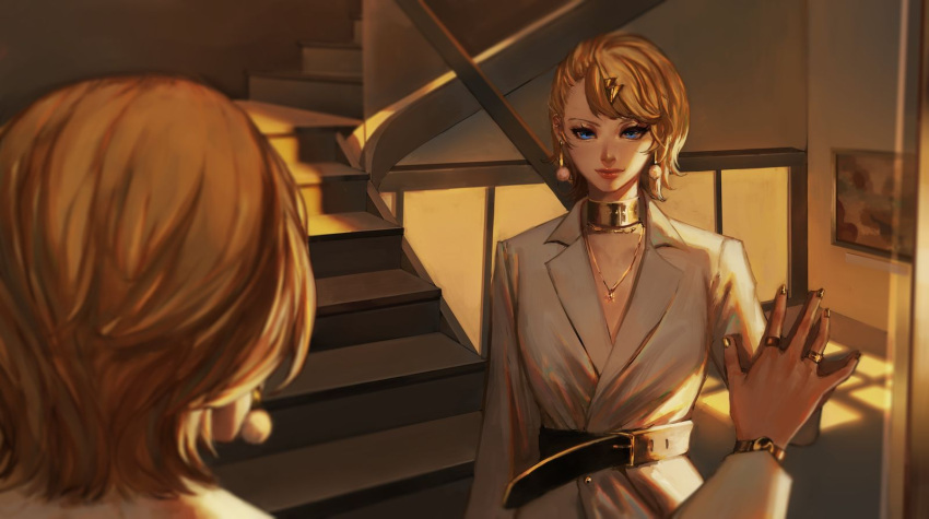 1girl belt blonde_hair blue_eyes blurry blurry_foreground buffalodog choker coat depth_of_field earrings gold_choker gold_nails hand_on_mirror highres jewelry kagamine_rin lips mirror nail_polish necklace nose reflection ring short_hair sidelighting solo stairs vocaloid watch watch