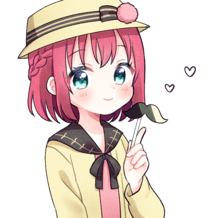 1girl aqua_eyes bangs black_neckwear blush braid commentary_request fake_facial_hair fake_mustache hat hat_ribbon heart highres holding jacket kurosawa_ruby long_sleeves looking_at_viewer love_live! love_live!_sunshine!! neck_ribbon pink_shirt pom_pom_(clothes) redhead ribbon shirt short_hair simple_background smile solo striped striped_ribbon upper_body white_background white_headwear yashino_84 yellow_jacket