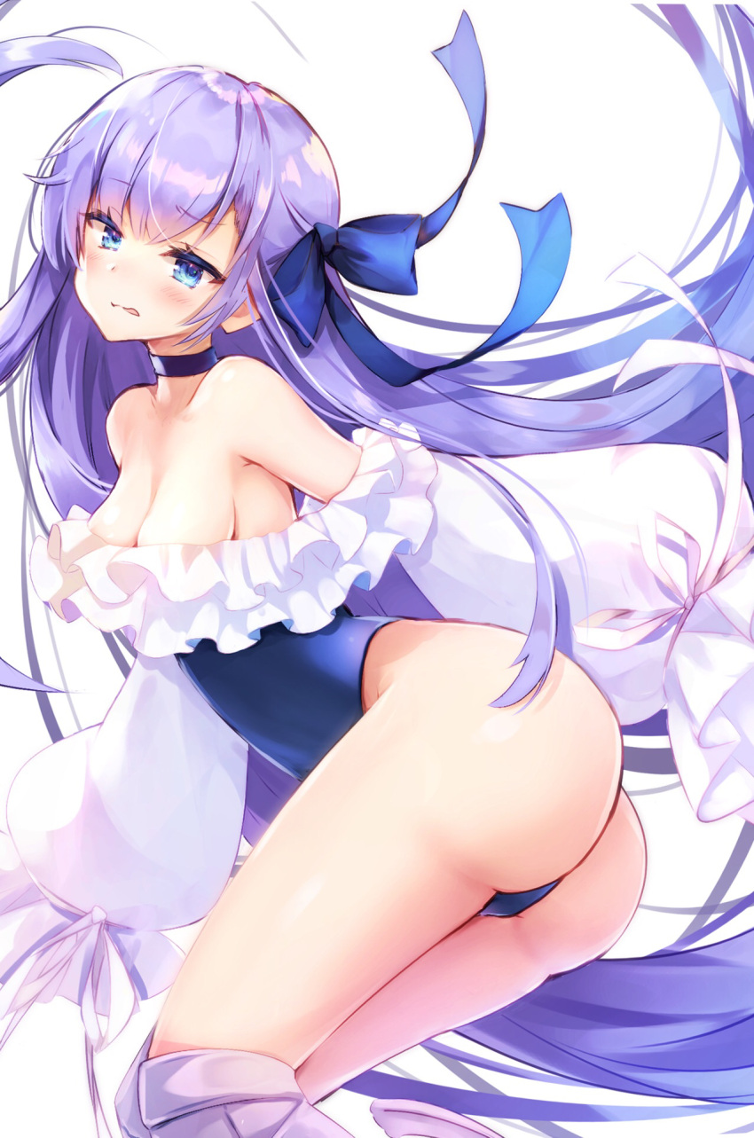 1girl ass bangs bare_shoulders blue_eyes blue_ribbon blue_swimsuit breasts choker fate/grand_order fate_(series) frills hair_between_eyes highres licking_lips long_hair long_sleeves looking_at_viewer meltryllis meltryllis_(swimsuit_lancer)_(fate) nekomugiharu one-piece_swimsuit puffy_sleeves purple_hair ribbon simple_background sleeves_past_fingers sleeves_past_wrists small_breasts solo swimsuit thighs tongue tongue_out very_long_hair white_background