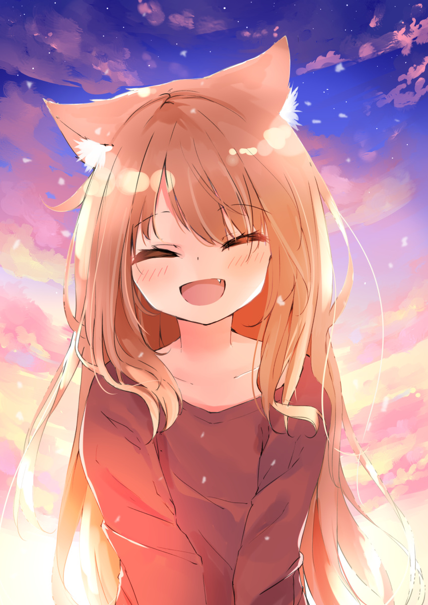 1girl :d ^_^ absurdres animal_ear_fluff animal_ears backlighting bangs blush brown_hair brown_shirt cat_ears closed_eyes clouds cloudy_sky collarbone eyebrows_visible_through_hair facing_viewer fang hamaru_(s5625t) highres long_hair long_sleeves open_mouth original outdoors shirt sky smile solo sunset upper_body very_long_hair