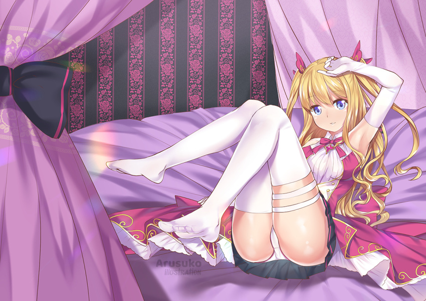 1girl arm_up artist_name arusuko bed black_bow blonde_hair blue_eyes bow breasts character_request curtains elbow_gloves floral_print gloves indoors knees_up long_hair looking_at_viewer magia_record:_mahou_shoujo_madoka_magica_gaiden mahou_shoujo_madoka_magica medium_breasts on_bed panties pink_ribbon re-arusu ribbon skirt solo thigh-highs two_side_up underwear very_long_hair wallpaper_(object) watermark white_gloves white_legwear white_panties