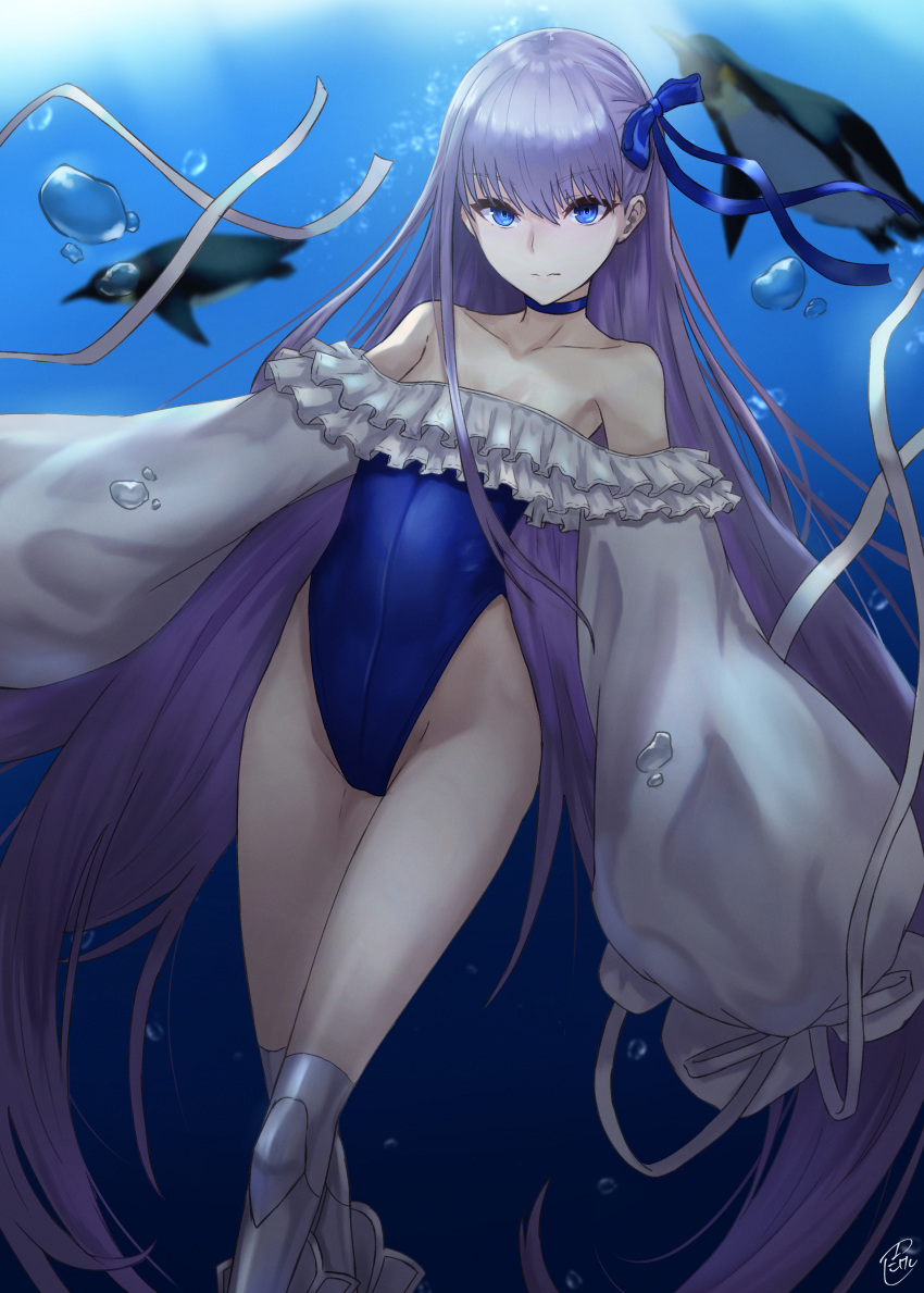 1girl absurdres bangs bare_shoulders bird blue_choker blue_eyes blue_ribbon blue_swimsuit choker collarbone commentary_request eyebrows_visible_through_hair fate/grand_order fate_(series) frills hair_between_eyes hair_ribbon highres in_water long_hair long_sleeves looking_at_viewer meltryllis_(swimsuit_lancer)_(fate) penguin peppertomo ribbon sleeves_past_fingers sleeves_past_wrists solo swimsuit very_long_hair white_ribbon