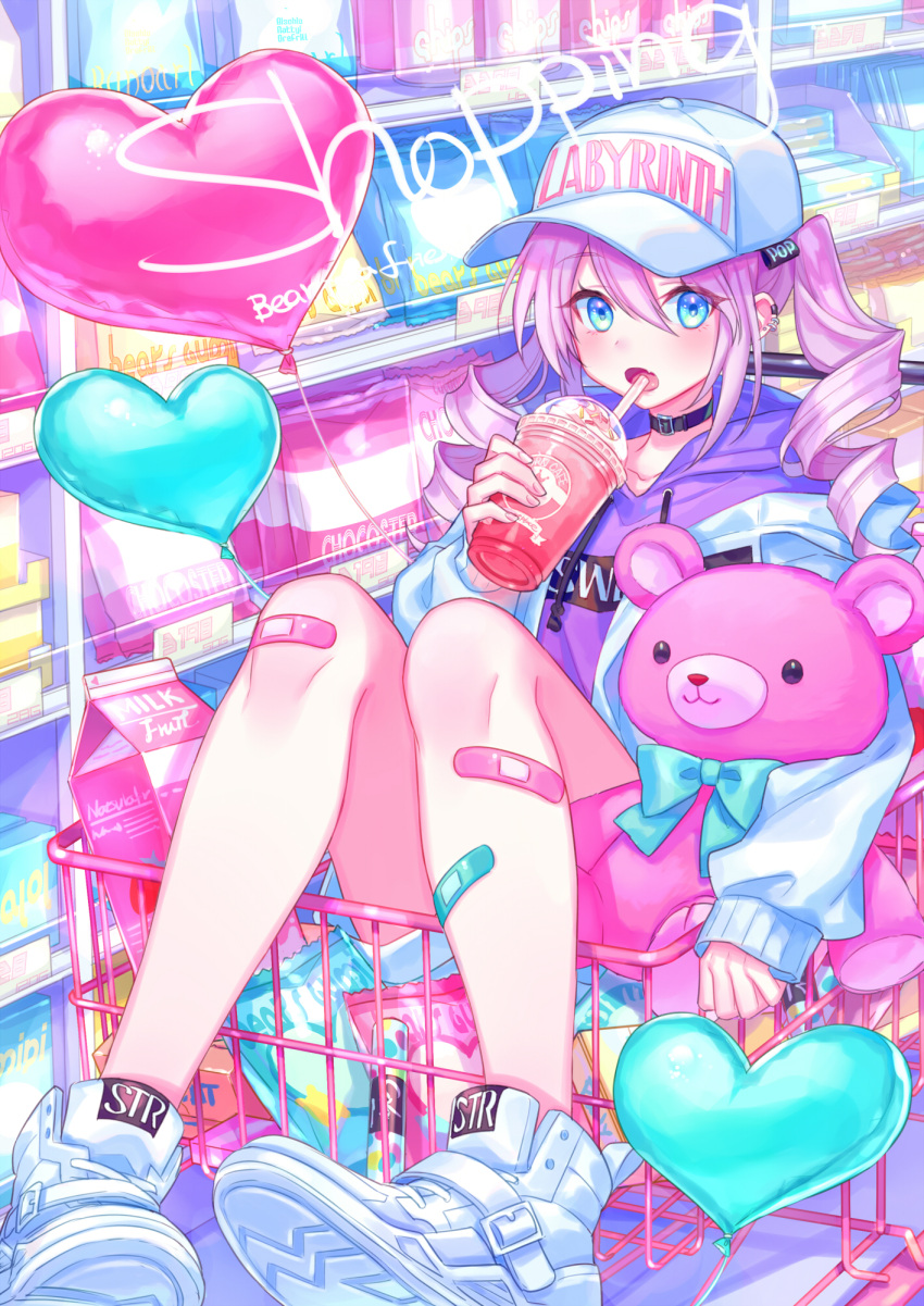 1girl :o bandaid bandaid_on_knee bandaid_on_leg bangs baseball_cap blue_eyes choker collarbone cup disposable_cup drawstring drill_hair drinking_straw ear_piercing food groceries hair_between_eyes hat heart heart_balloon highres holding holding_cup hood hood_down hoodie jacket knees_up long_hair long_sleeves looking_at_viewer milk_carton open_clothes open_jacket open_mouth original piercing purple_hair purple_hoodie shoes shopping_cart short_shorts shorts sidelocks sitting sneakers solo stuffed_animal stuffed_toy teddy_bear twin_drills twintails white_footwear white_headwear white_jacket white_shorts zoff_(daria)