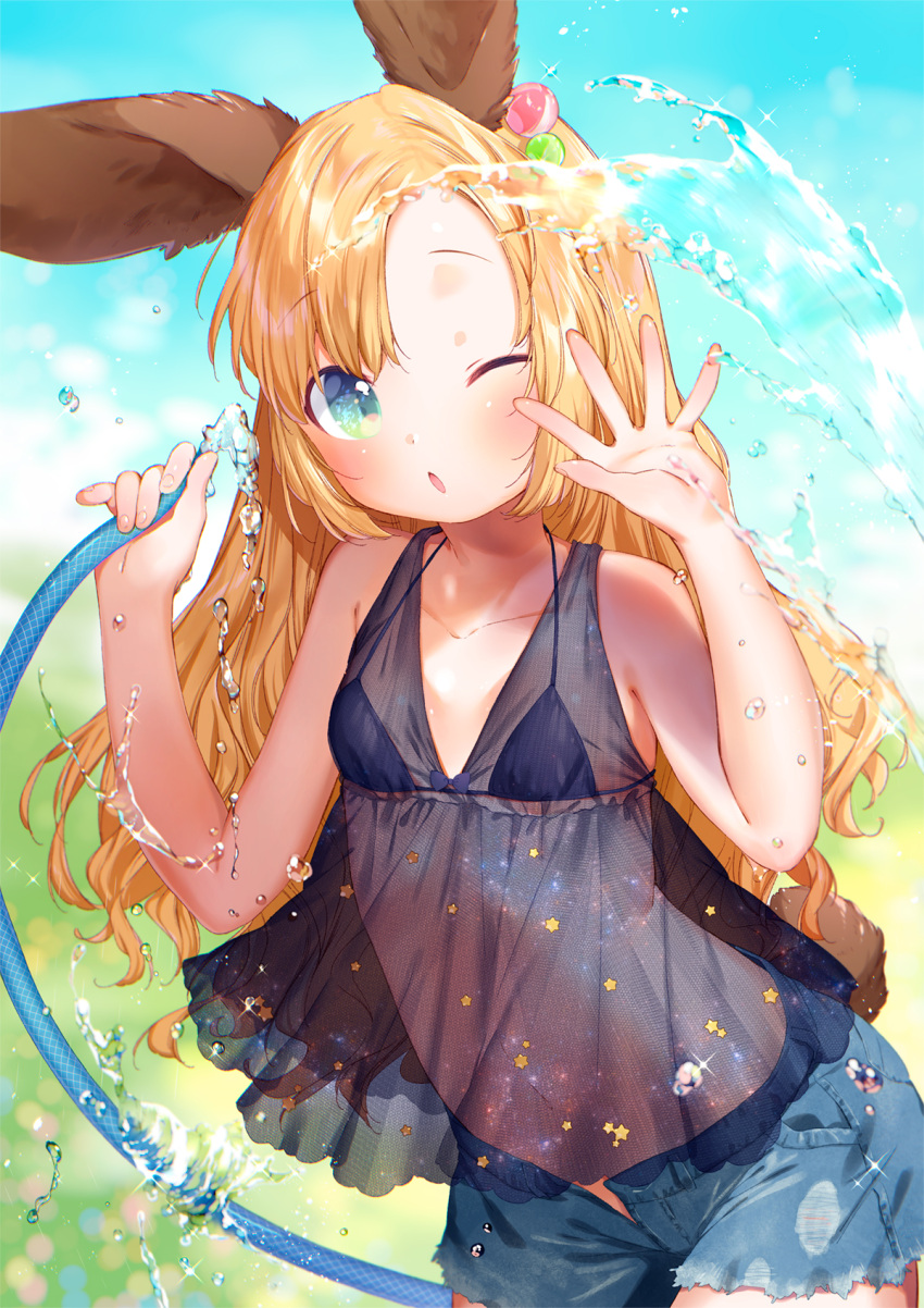 1girl animal_ears bangs bare_arms bare_shoulders bikini bikini_top bikini_under_clothes black_bikini_top black_camisole blonde_hair blue_eyes blue_shorts blue_sky blurry blurry_background blush breasts camisole clouds commentary_request day depth_of_field fingernails green_eyes hair_ornament hands_up highres holding holding_hose hose leaning_forward long_hair multicolored multicolored_eyes mutou_mato navel one_eye_closed open_clothes open_fly open_shorts original outdoors parted_bangs parted_lips rabbit_ears see-through short_shorts shorts sky small_breasts solo swimsuit very_long_hair water
