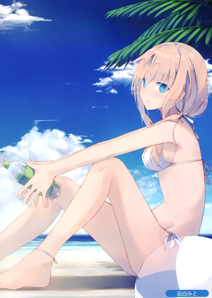 1girl absurdres armpits ball bare_arms bare_legs bare_shoulders barefoot beachball bikini blue_eyes blue_sky bottle breasts brown_hair clouds day groin halter_top halterneck highres holding holding_bottle knees_up long_hair looking_at_viewer looking_to_the_side medium_breasts melonbooks nagishiro_mito navel outdoors palm_leaf parted_lips scan shadow side-tie_bikini sidelocks sitting sky solo stomach swimsuit thighs water_bottle white_bikini