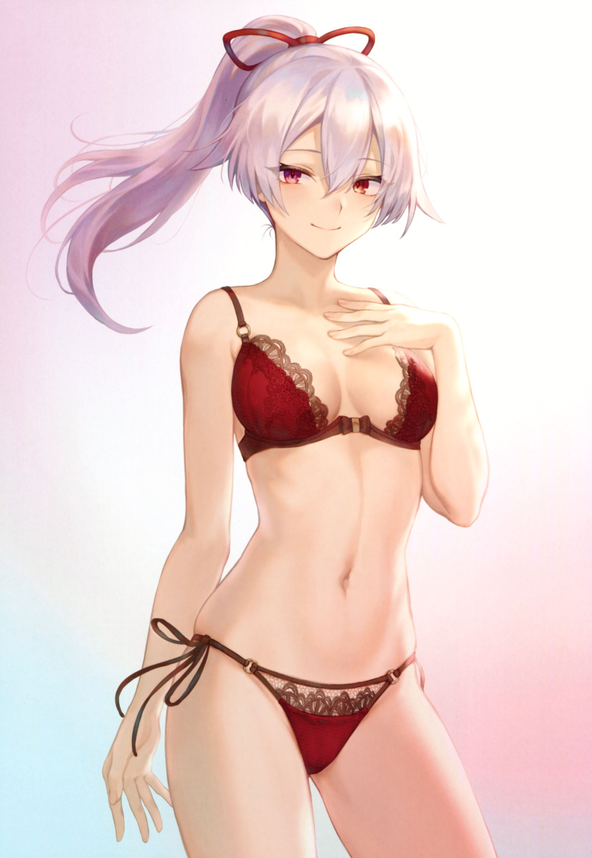 1girl absurdres bangs bra breasts closed_mouth contrapposto cowboy_shot crossed_bangs fate/grand_order fate_(series) gradient gradient_background hair_between_eyes hair_ribbon hand_on_own_chest high_ponytail highleg highleg_panties highres lace lace-trimmed_bra long_hair mashuu_(neko_no_oyashiro) navel o-ring o-ring_bottom o-ring_panties o-ring_top panties ponytail red_bra red_panties redhead ribbon scan side-tie_panties silver_hair simple_background skindentation small_breasts smile solo stomach string_panties tomoe_gozen_(fate/grand_order) underwear underwear_only