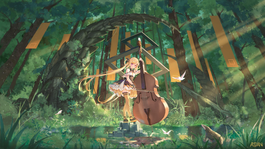 1girl absurdres animal anteater artist_name atdan bare_shoulders blonde_hair bow_(instrument) braid brown_dress brown_legwear cello commentary day dress fantasy floating_hair forest hair_rings highres holding holding_instrument instrument light_rays long_hair looking_at_viewer nature original pink_eyes scenery shoes solo sunbeam sunlight thigh-highs tree twintails very_long_hair water wide_shot zettai_ryouiki