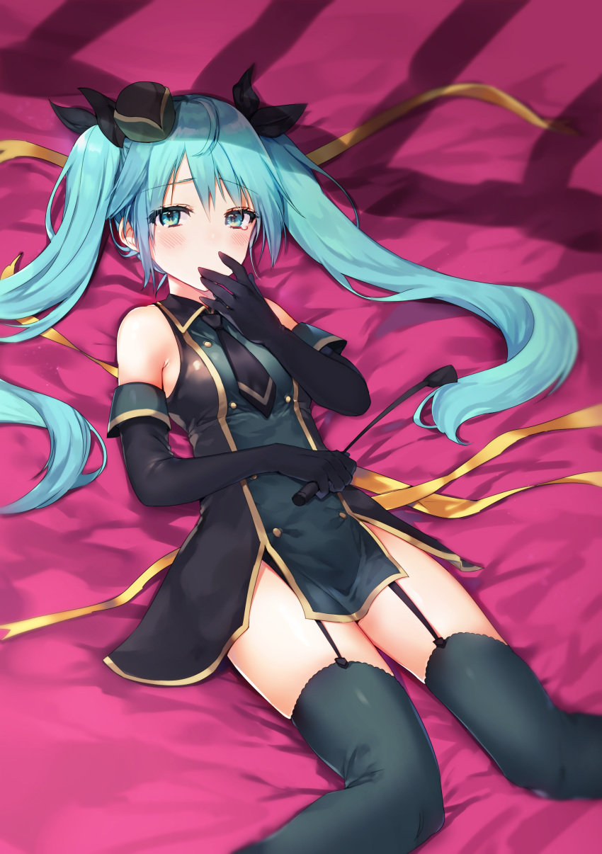 1girl absurdres aqua_eyes aqua_hair black_gloves black_legwear blush elbow_gloves garter_straps gloves hair_between_eyes hatsune_miku highres lgw7 long_hair looking_at_viewer lying necktie on_back riding_crop solo thigh-highs twintails vocaloid