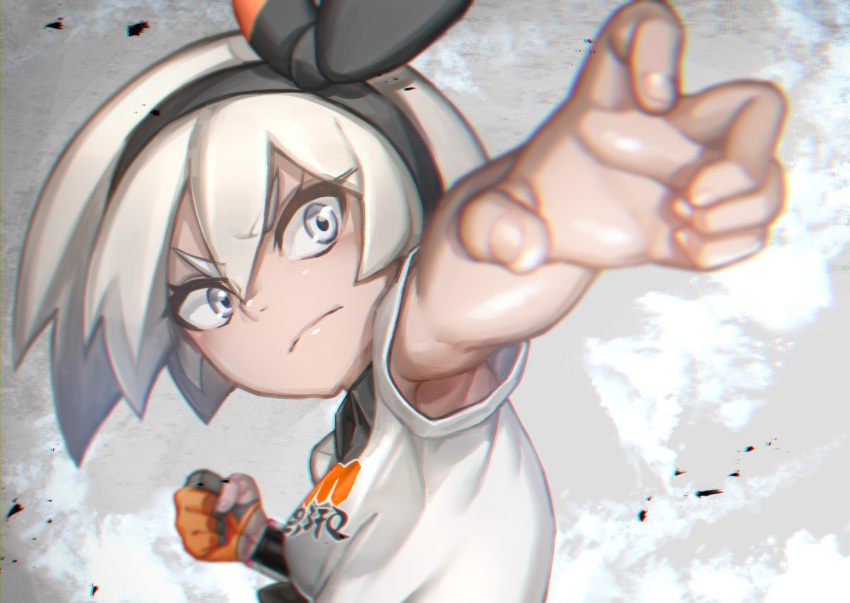 1girl armpits bare_arms black_gloves black_hairband blue_eyes blurry blurry_background blurry_foreground clenched_hand closed_mouth collared_shirt commentary_request eyebrows_visible_through_hair fingernails floating_hair foreshortening gloves grey_hair gym_leader hairband hands_up igana_asonerikes incoming_punch looking_at_viewer orange_gloves outstretched_arm partly_fingerless_gloves pokemon pokemon_(game) pokemon_swsh saitou_(pokemon) serious shirt short_hair short_sleeves single_glove solo two-tone_gloves up_sleeve upper_body v-shaped_eyebrows wing_collar