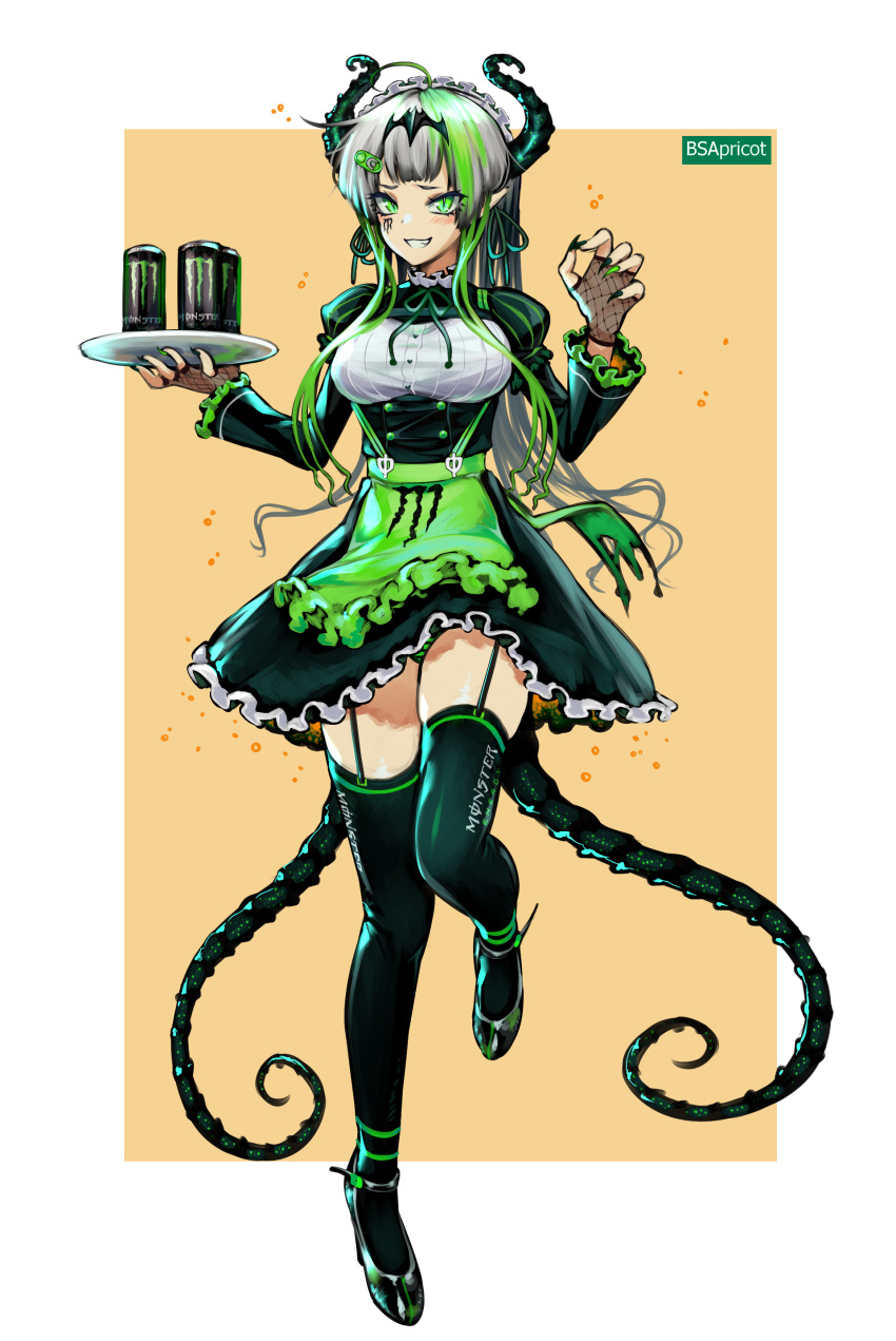 1girl absurdres apron artist_name black_footwear black_nails breasts brown_background can commentary curled_horns danielle_brindle dress energy_drink english_commentary fingernails frilled_apron frilled_dress frills full_body garter_straps green_apron green_dress green_hair green_legwear green_nails grin highres holding holding_tray horns long_fingernails long_hair long_sleeves looking_at_viewer maid maid_headdress medium_breasts monster_energy multicolored multicolored_hair multicolored_nails multiple_tails nail_polish original panties puffy_short_sleeves puffy_sleeves shirt shoes short_over_long_sleeves short_sleeves silver_hair smile solo standing standing_on_one_leg streaked_hair striped striped_panties tail thigh-highs tray two-tone_background two_tails underwear very_long_hair waist_apron white_background white_shirt wide_sleeves