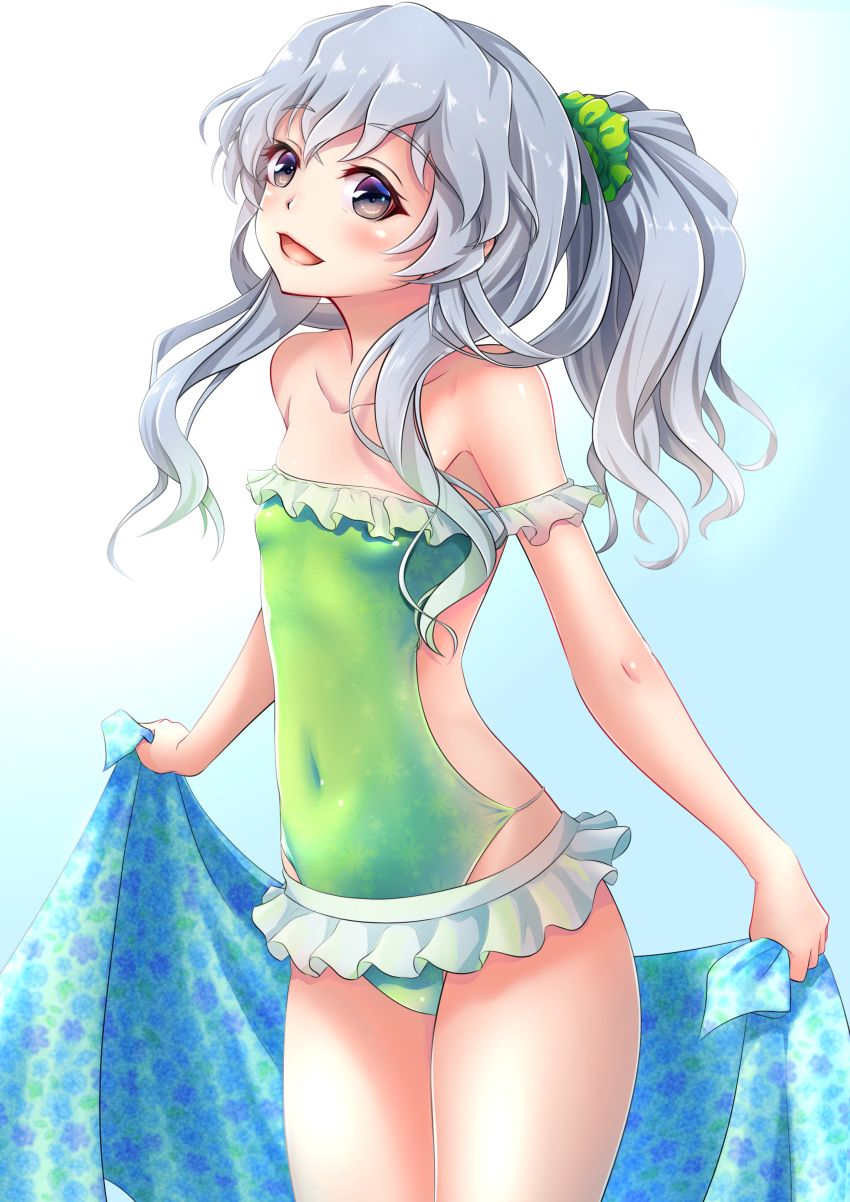 1girl absurdres alternate_costume alternate_hairstyle bare_shoulders blue_background blue_towel blush breasts casual_one-piece_swimsuit collarbone eyebrows_visible_through_hair frilled_swimsuit frills gradient gradient_background green_swimsuit hair_between_eyes hair_ornament highres holding holding_towel kantai_collection long_hair looking_at_viewer makura_(14600189) one-piece_swimsuit open_mouth ponytail silver_hair small_breasts smile solo swimsuit towel wavy_hair yamagumo_(kantai_collection)