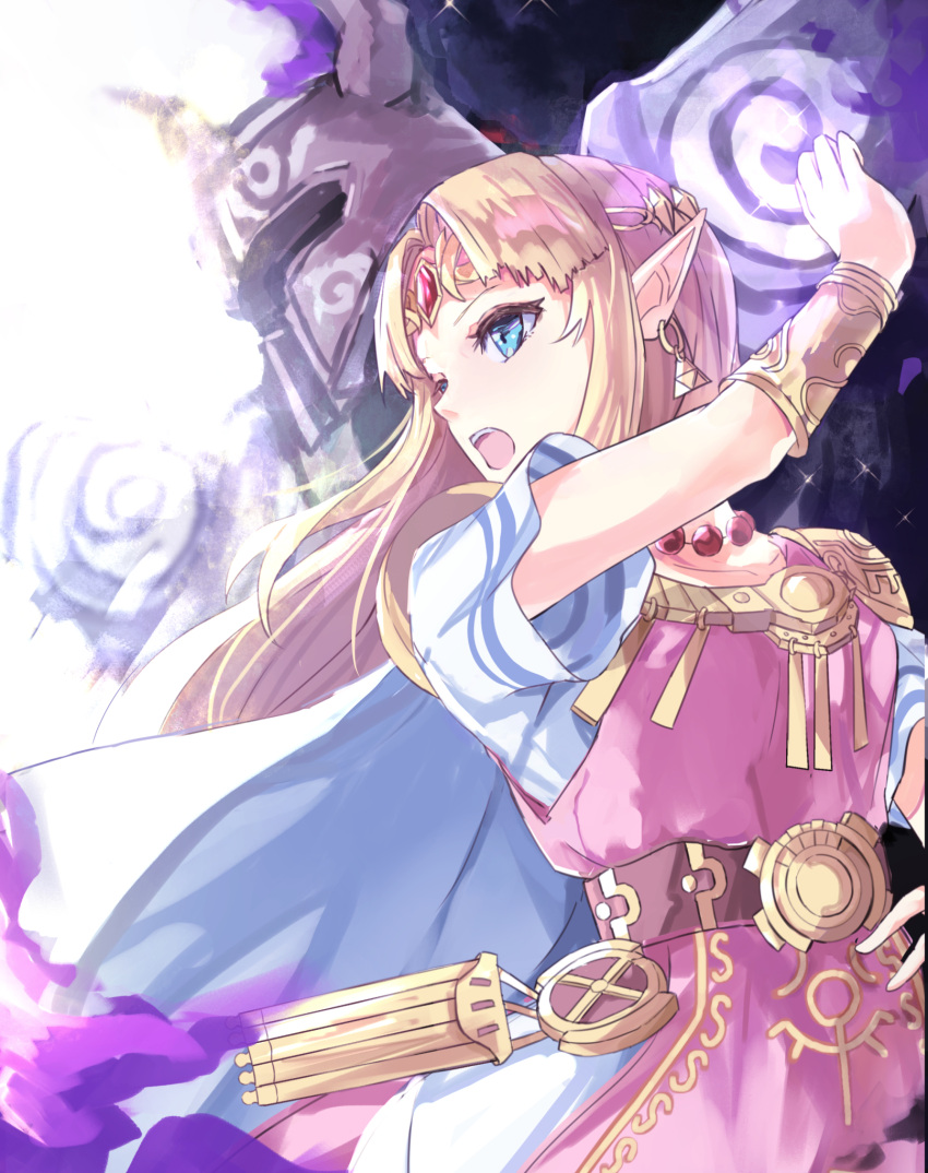 1girl 1other arm_up armor bangs belt blonde_hair blue_eyes blush bracer cape circlet commentary_request dress earrings elf gloves gown highres hylian jewelry long_hair necklace nintendo nintendo_ead open_mouth parted_bangs pearl_necklace phantom_(the_legend_of_zelda) pointy_ears princess_zelda short_sleeves super_smash_bros. sword tabard the_legend_of_zelda the_legend_of_zelda:_a_link_between_worlds the_legend_of_zelda:_a_link_to_the_past the_legend_of_zelda:_spirit_tracks tiara tomas_(kaosu22) triforce upper_body weapon white_cape white_dress