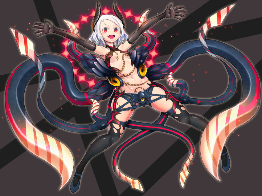 1girl :d breasts commentary_request elbow_gloves extra_eyes fang full_body gloves highres horns looking_at_viewer nona-pe open_mouth original outstretched_arms red_eyes shiny shiny_skin short_hair skindentation small_breasts smile solo tattoo tentacles thigh-highs white_hair