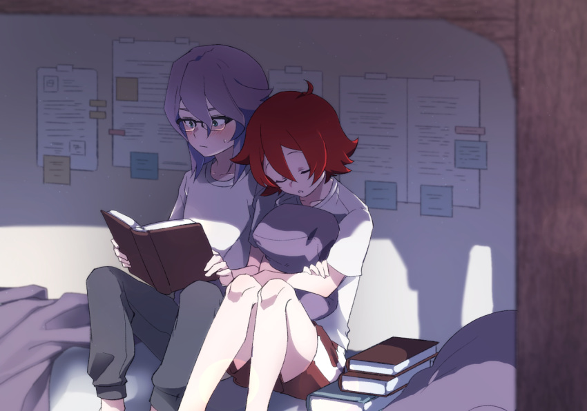 2girls alternate_costume bed bed_frame bed_sheet bedroom blush book chihiri couple croix_meridies embarrassed glasses green_eyes head_on_another's_shoulder legs little_witch_academia multiple_girls open_mouth pants paper pillow pillow_hug poster_(object) purple_hair reading redhead shiny_chariot shirt short_hair shorts sitting sleeping surprised thighs wavy_hair white_shirt yuri