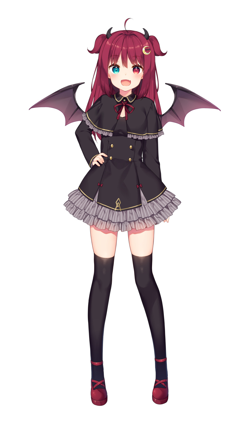 1girl absurdres ahoge bangs bekotarou black_shirt blue_eyes blush buttons capelet crescent crescent_hair_ornament demon_girl demon_horns demon_wings fang full_body grey_skirt hair_ornament hand_on_hip heterochromia highres horns incredibly_absurdres long_hair long_sleeves looking_at_viewer nijisanji official_art open_mouth red_eyes red_footwear redhead shirt skin_fang skindentation skirt smile solo standing tachi-e thigh-highs thighs transparent_background two_side_up virtual_youtuber wings yuzuki_roa zettai_ryouiki