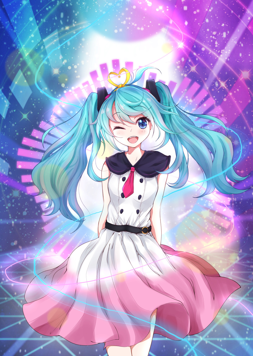 1girl :d absurdres aqua_eyes aqua_hair bangs bare_arms bare_shoulders blush commentary dress eyebrows_visible_through_hair hair_ribbon hatsune_miku highres kazanock long_hair looking_at_viewer melt_(vocaloid) one_eye_closed open_mouth pink_dress pink_neckwear ribbon smile solo twintails two-tone_dress upper_teeth very_long_hair vocaloid white_dress yellow_ribbon