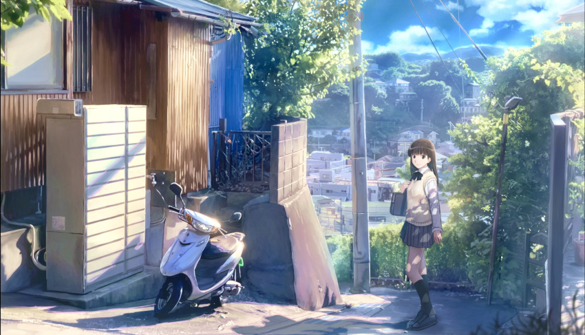 1girl amagami ayatsuji_tsukasa bag black_legwear black_skirt blue_sky bow bowtie brown_hair clouds commentary_request day ground_vehicle highres kneehighs loafers long_hair long_sleeves looking_at_viewer miniskirt motor_vehicle motorcycle outdoors pleated_skirt rural scenery school_bag school_uniform shirt shoes skirt sky solo soraciel standing sunlight sweater_vest white_shirt wide_shot